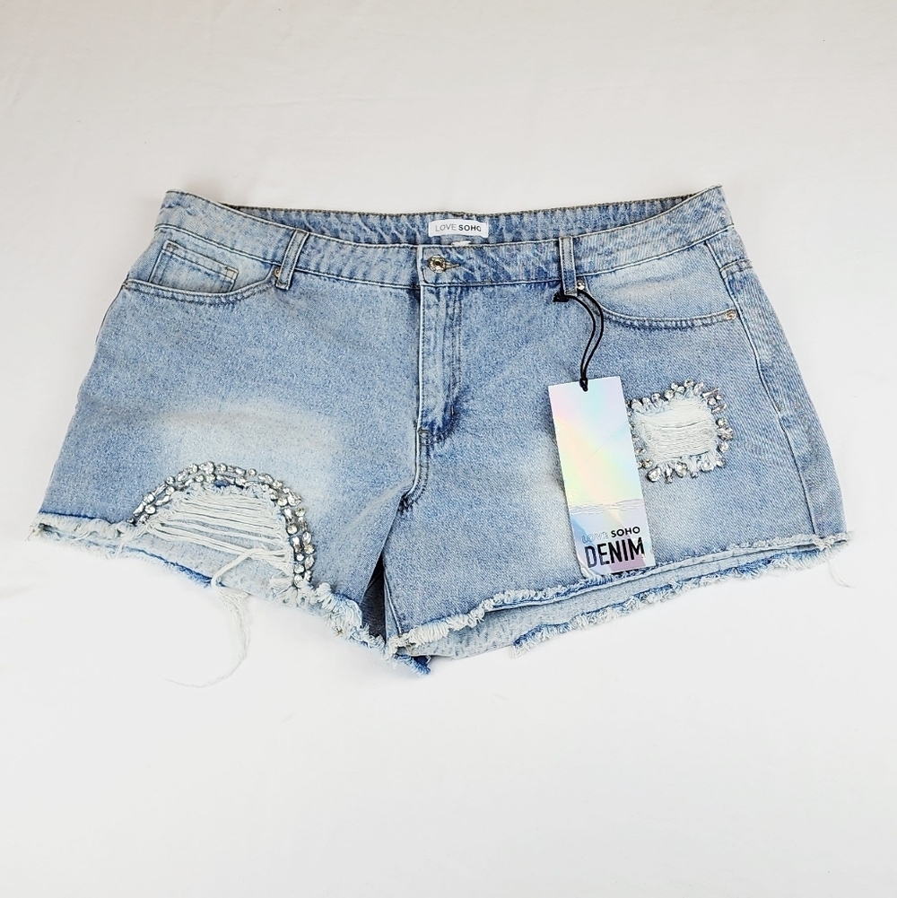 Love Soho Denim Blue Rhinestone Embellished Jeans Shorts